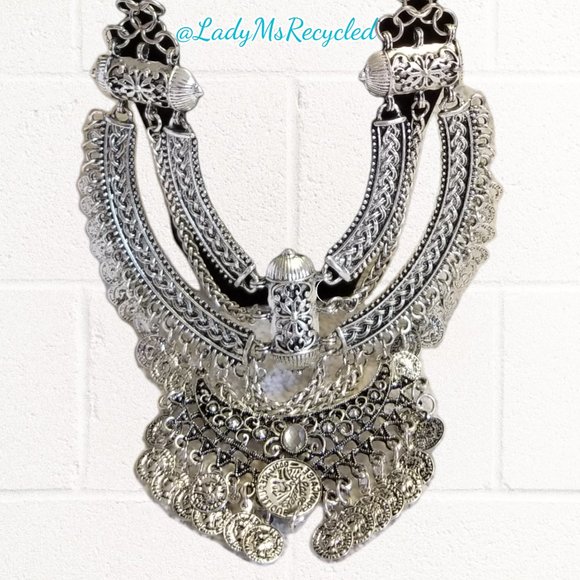 Chunky Silver-tone Statement Coin Necklace & Earrings Boho Belly Dance NEW! - Picture 10 of 10